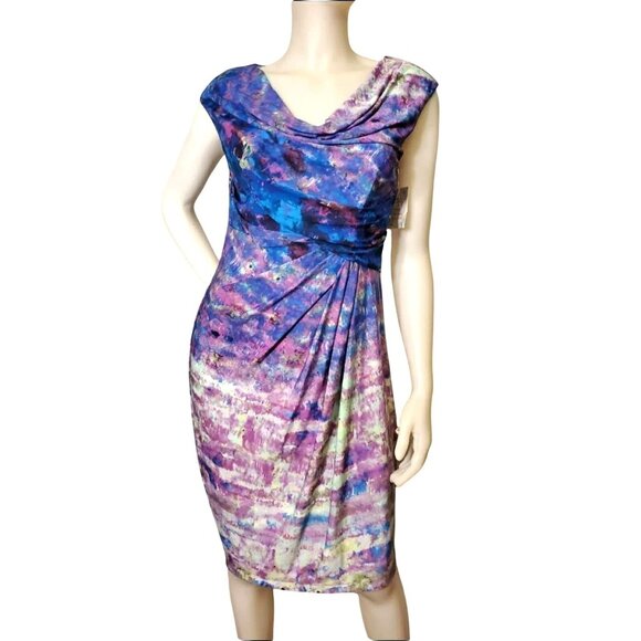 Suzi Chin Sm Y2k Dress Drape Neck Knee Length Sheath Tie-dye Bodycon Dead Stock - Picture 2 of 14